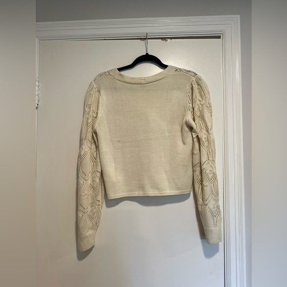 Blue Steel Medium Cream Open Knit Button cardigan w/ Orange Embroidered Hearts. - Picture 2 of 11